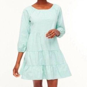 J. Crew Gingham Green Cotton Blend Poplin Raglan Tiered Mini Dress SIZE SMALL